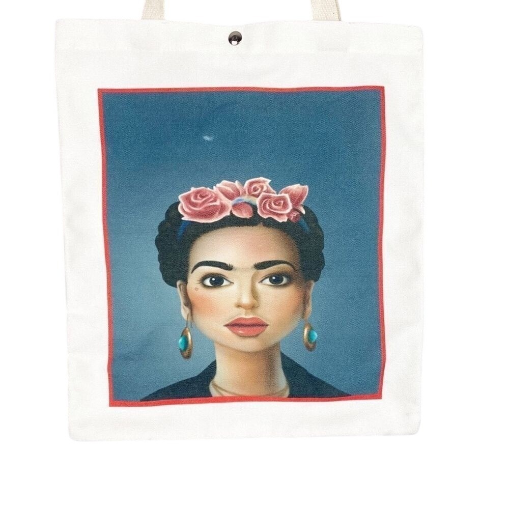 Frida Kahlo White Canvas Graphic Tote Shoulder Bag 13" x 15" Snap Closure